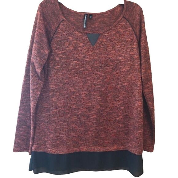 Allie & Rob Sz L Rust Red Black Sheer Hem Relaxed Fit Casual Long-Sleeve Top - Picture 1 of 9